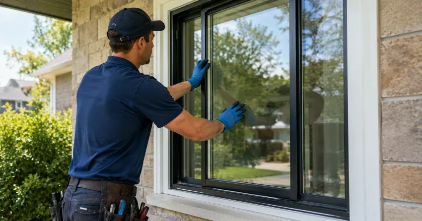 technician measuring a broken window pane for replacement in Cheltenham, Caledon