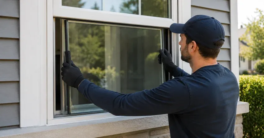 technician boarding up broken window during emergency glass repair Inglewood, Caledon