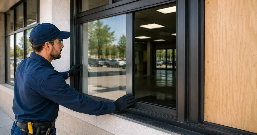 technician boarding a broken window after a break-in in Cheltenham, Caledon