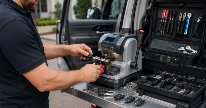 technician cutting a replacement car door lock key in Brimstone, Caledon