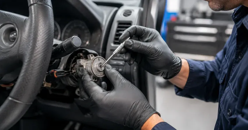 technician diagnosing an ignition lock repair issue in Humber, Caledon