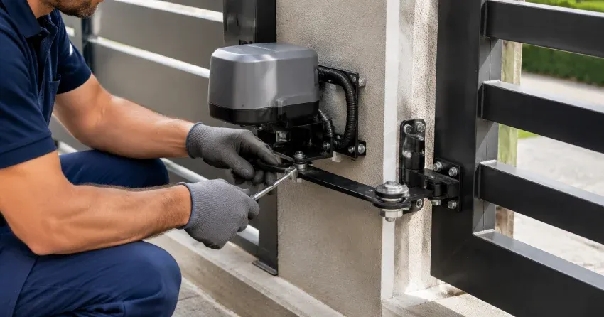 technician diagnosing automatic gate motor and control panel in Queensgate, Caledon