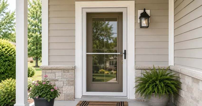 technician hanging storm door square and plumb in Caledon