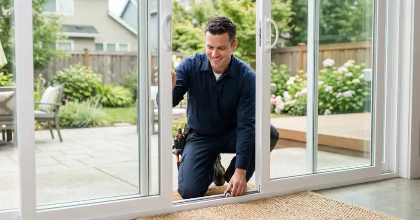 technician diagnosing a sticking patio door in Caledon Village, Caledon