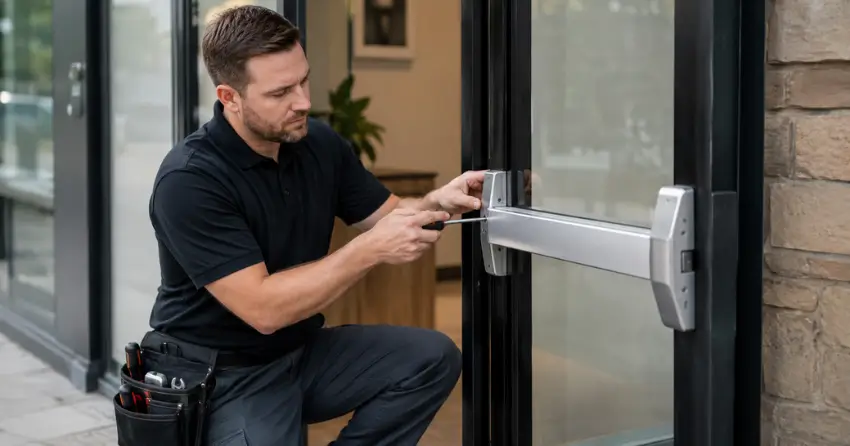 commercial locksmith repairing exit device on storefront door Inglewood, Caledon