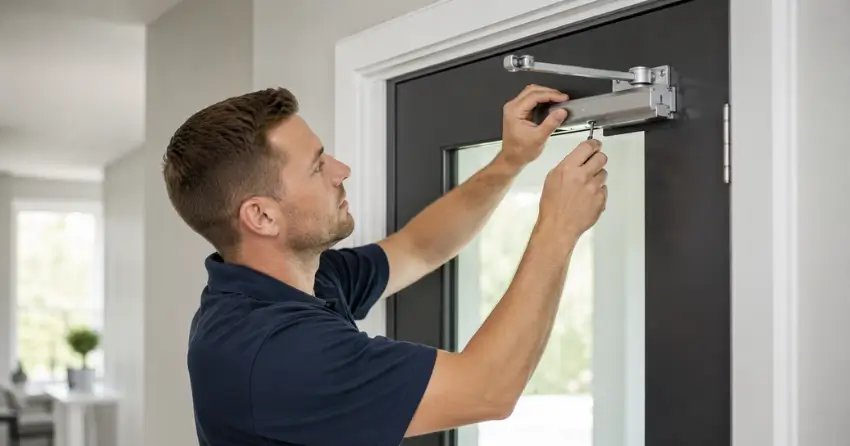 technician adjusting door closer hydraulic valve in Mono Road, Caledon home