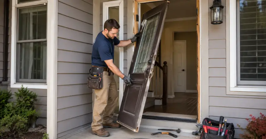 old exterior door being removed for replacement in Cedar Mills, Caledon