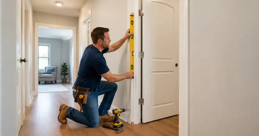 technician installing a pre-hung interior door in a home hallway Victoria, Caledon