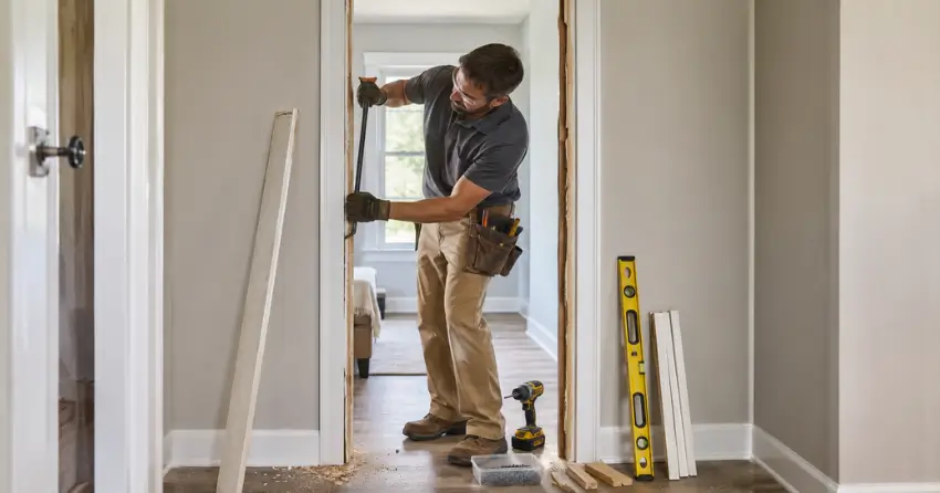 technician removing an old interior door frame during installation Belfountain, Caledon