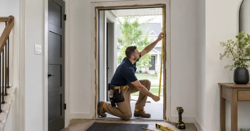technician measuring a door frame before new door installation in Palgrave, Caledon
