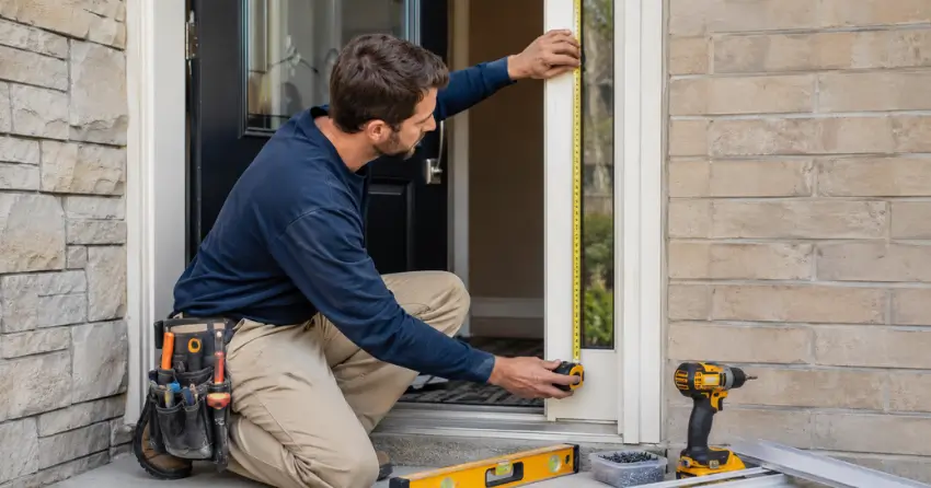 technician measuring door frame before storm door install in Caldwell Junction, Caledon