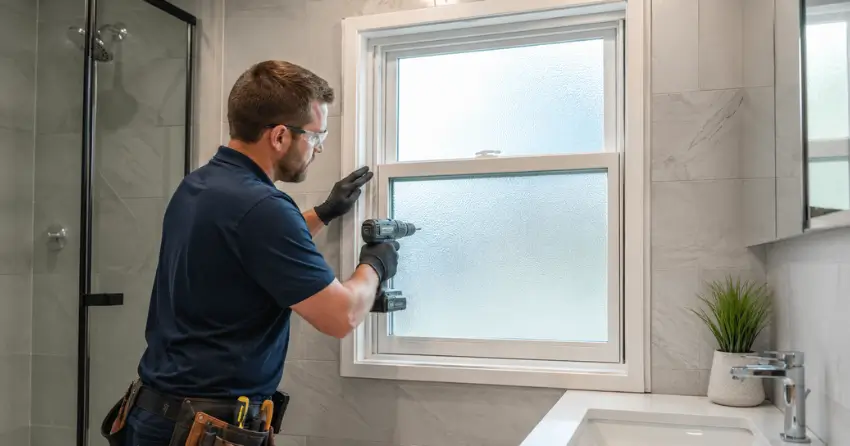 frosted glass installation bathroom window in Coulterville, Caledon