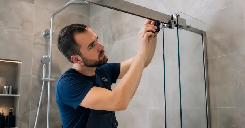 technician adjusting shower door hinge and track in Boston Mills, Caledon