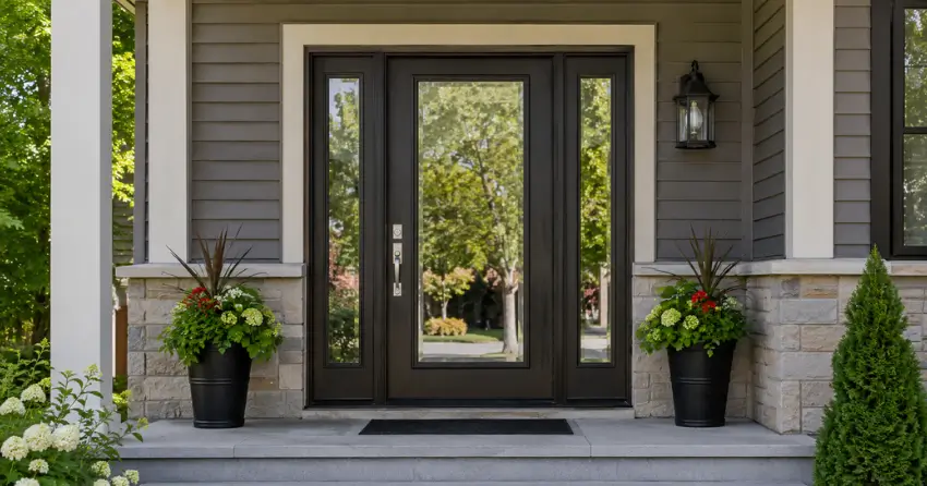glass entry door with sidelights on a home in Caledon