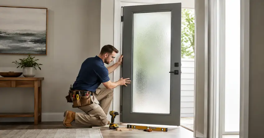 glass panel door installation with frosted privacy glass in residential setting in Caledon Village, Caledon
