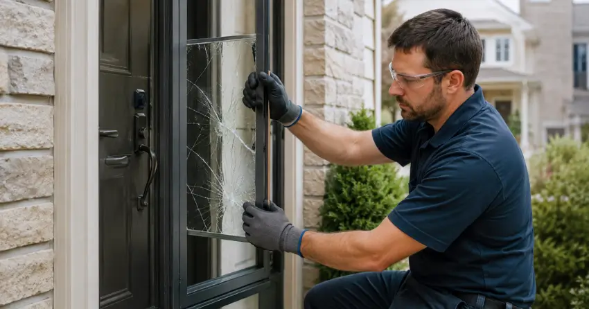 technician removing cracked storm door glass panel in Caldwell Junction, Caledon