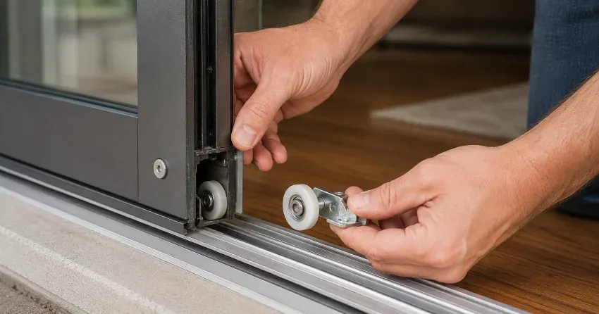 sliding door alignment Rosehill, Caledon technician adjusting roller track