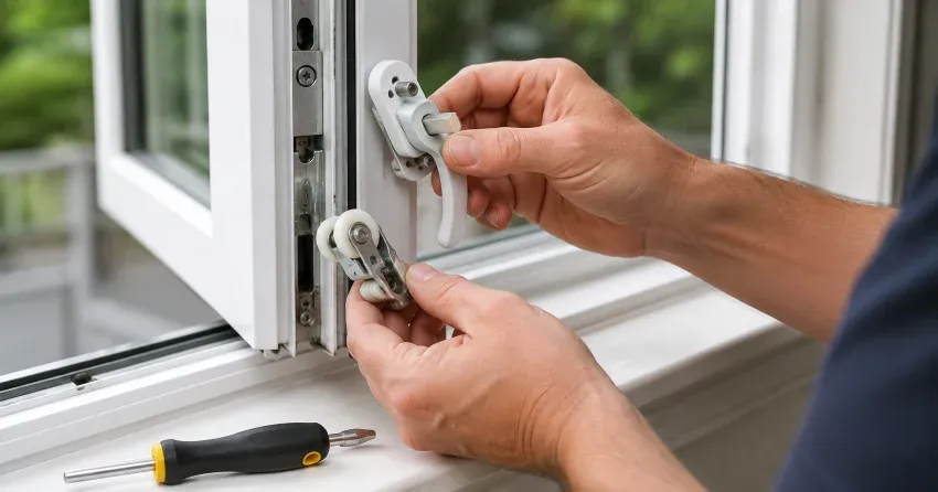 technician performing broken window repair Queensgate, Caledon on a sliding window