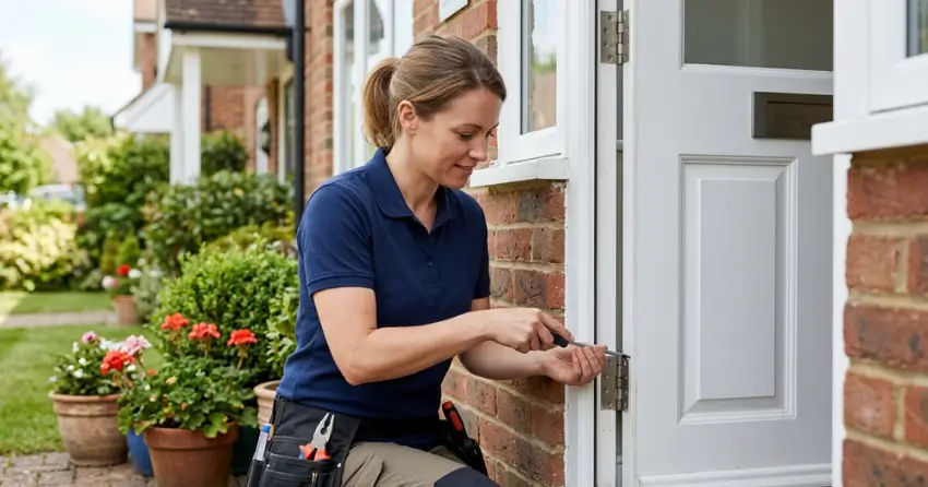 technician repairing exterior door hinge and frame in Albion, Caledon