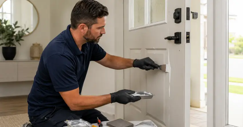 technician repairing fiberglass door surface crack in Ferndale, Caledon