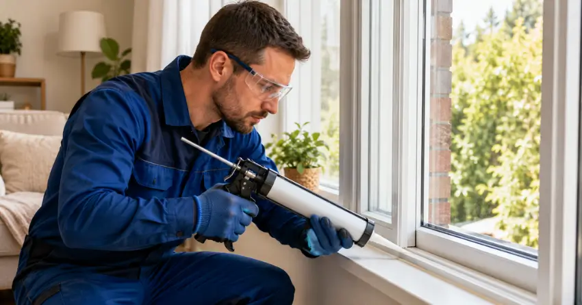 technician repairing window seal and frame in Queensgate, Caledon