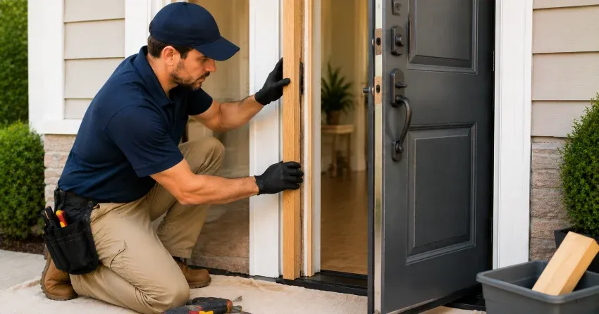 technician inspecting damaged door frame corner in McBride