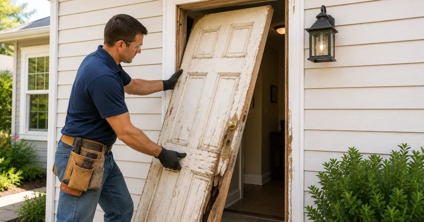 warped exterior door frame showing weather damage in Coulterville, Caledon