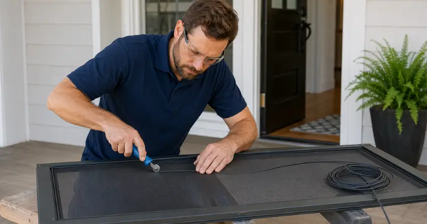 technician replacing screen door mesh and spline in Brimstone, Caledon